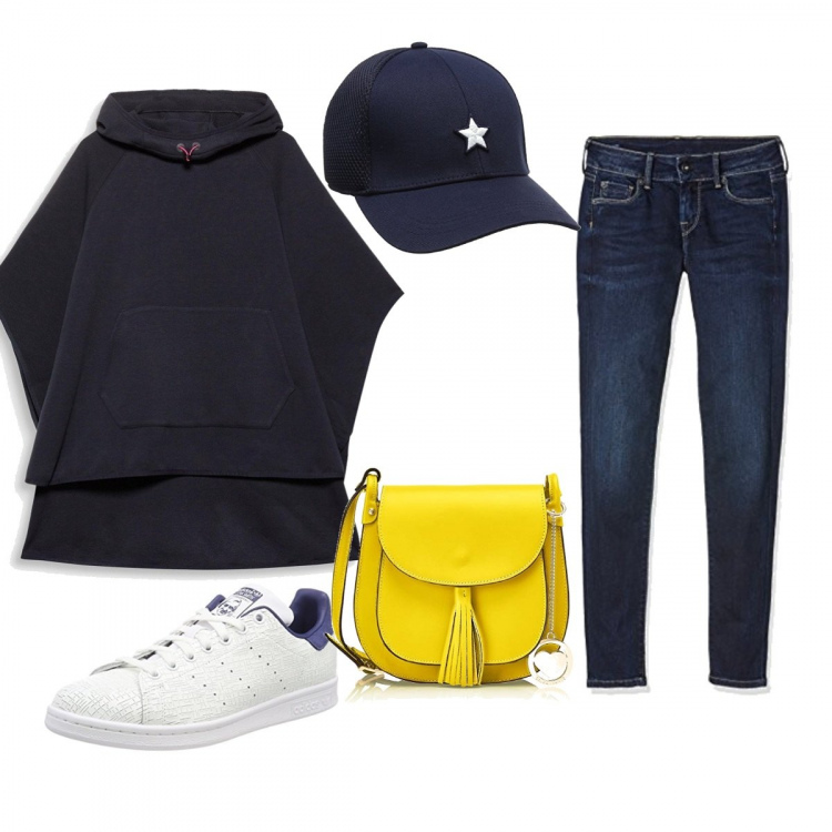 Outfit donna - Trendy #1109. Stile Trendy per Scuola/Università. Abbinamento con mantella sport nero, jeans skinny contrasto blu, sneakers bianco e nero, borse a spalla, berretto baseball navy.
