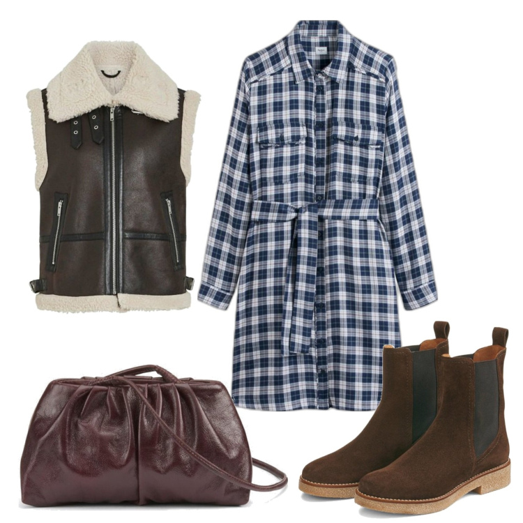 Outfit mujer - Trendy #7041. Estilo Trendy para Todos los días. Combinación con vestidos camiseros, bolsos de mano, botines, chalecos.