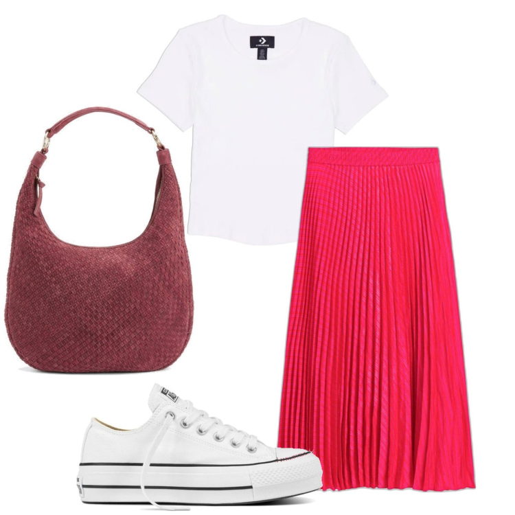 Outfit mujer - Basic #4478. Estilo Basic para Todos los días. Combinación con faldas, bolso tote, sneakers, camiseta.