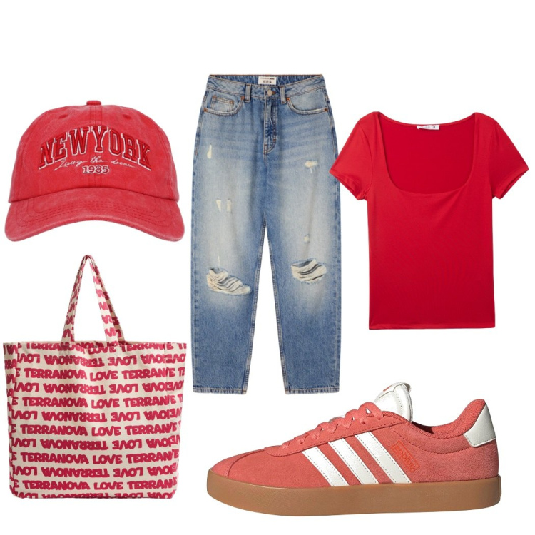 Outfit donna - Total look #2233638. Stile Casual per Scuola/Università. Abbinamento con t-shirt, jeans mom, cappelli, borse tote, sneakers.