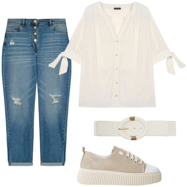 Outfit donna - Total look #2233643. Stile Urban per Tutti i giorni. Abbinamento con cinture, sneakers, jeans strappati, camicie.