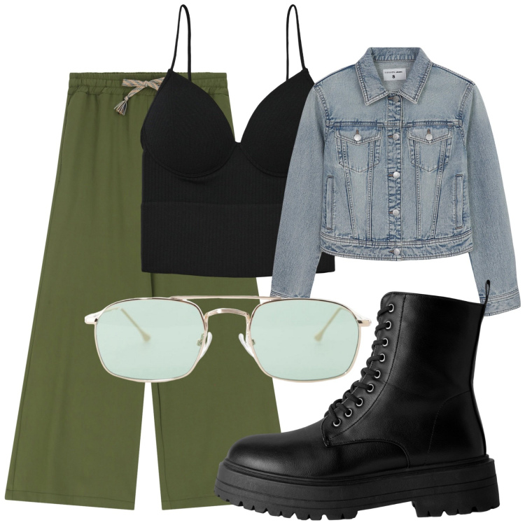 Outfit donna - Rientro con il Botto. Stile Casual per Tutti i giorni. Abbinamento con top, anfibi, blazer, pantaloni, occhiali da sole.
