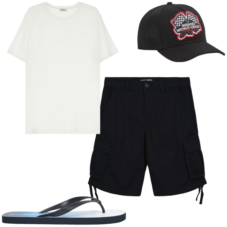 Outfit uomo - Total look #2233651. Stile Casual per Tutti i giorni. Abbinamento con sandali, cappelli, bermuda, t-shirt.