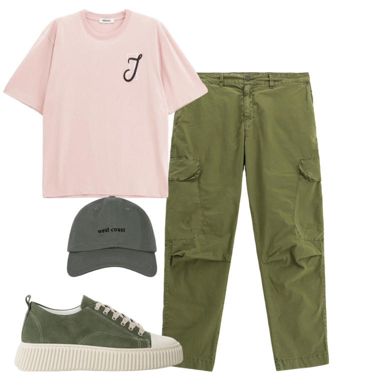 Outfit uomo - Total look #2233652. Stile Casual per Tutti i giorni. Abbinamento con cappelli con visiera, sneakers, t-shirt, pantaloni cargo.