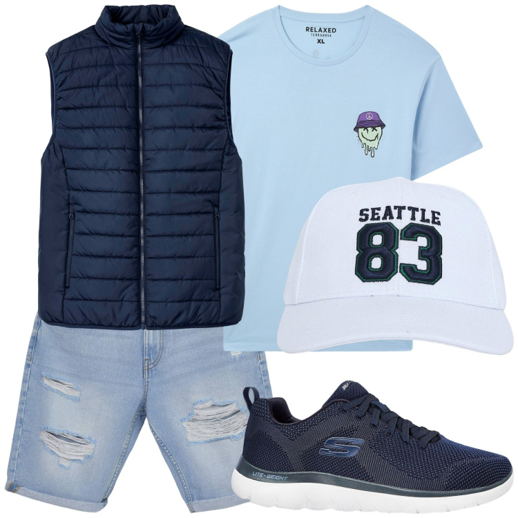 Outfit uomo - Una passeggiata serale. Stile Casual per Serata speciale. Abbinamento con cappelli con visiera, bermuda, t-shirt, gilet, sneakers.