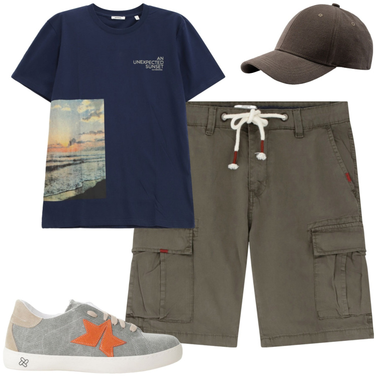 Outfit uomo - Total look #2233670. Stile Casual per Tutti i giorni. Abbinamento con bermuda, sneakers, t-shirt, cappelli con visiera.