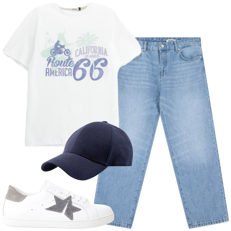 Outfit uomo - Total look #2233671. Stile Casual per Tutti i giorni. Abbinamento con jeans, sneakers, t-shirt, cappelli con visiera.