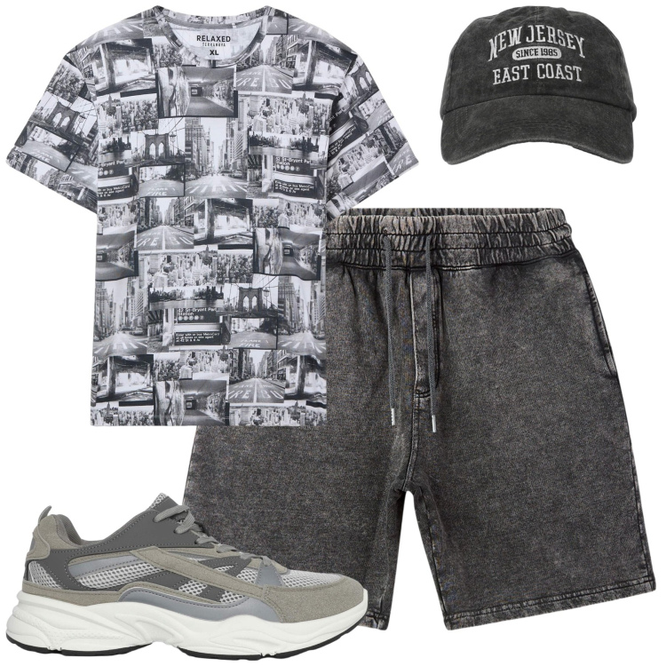 Outfit uomo - Grey. Stile Casual per Tutti i giorni. Abbinamento con pantaloni corti, t-shirt, sneakers, cappelli con visiera.
