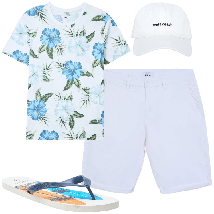 Outfit uomo - Al mare. Stile Casual per Mare. Abbinamento con t-shirt, sandali, cappelli, bermuda.