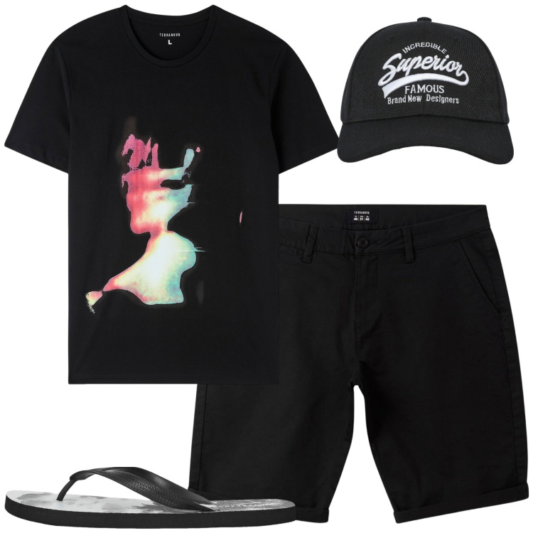 Outfit uomo - Al mare. Stile Casual per Mare. Abbinamento con cappelli con visiera, sandali, bermuda, t-shirt.