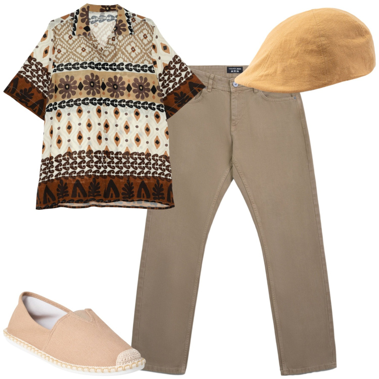 Outfit uomo - Toni della terra. Stile Casual per Tutti i giorni. Abbinamento con espadrillas, jeans, camicie a manica corta, cappelli con visiera.