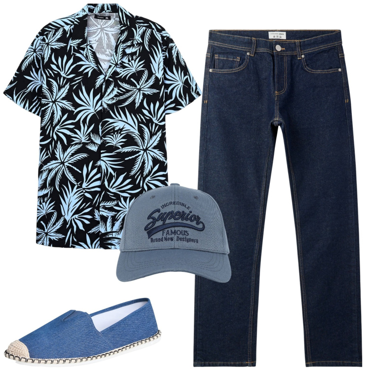 Outfit uomo - Hawaii. Stile Casual per Tutti i giorni. Abbinamento con espadrillas, cappelli con visiera, jeans, camicie a manica corta.