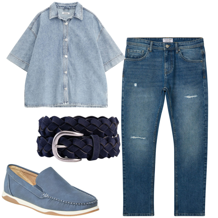 Outfit uomo - Blu. Stile Casual per Tutti i giorni. Abbinamento con scarpe stringate, jeans strappati, camicie a manica corta, cinture.