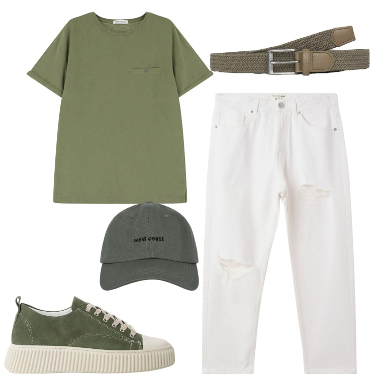 Outfit uomo - Agosto. Stile Casual per Tutti i giorni. Abbinamento con jeans strappati, cinture, cappelli con visiera, sneakers, t-shirt.