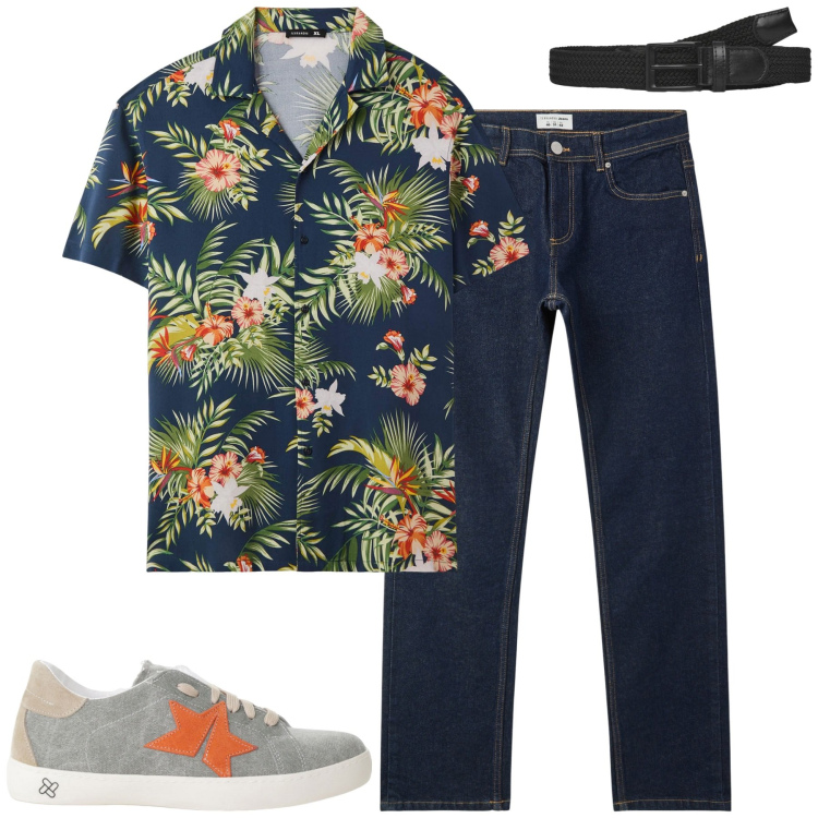 Outfit uomo - Agosto. Stile Casual per Tutti i giorni. Abbinamento con jeans, camicie a manica corta, cinture, sneakers.
