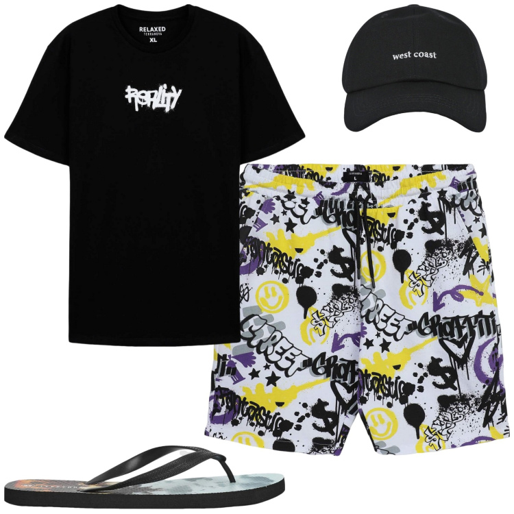 Outfit uomo - Al mare. Stile Casual per Mare. Abbinamento con cappelli con visiera, sandali, pantaloni corti, t-shirt.