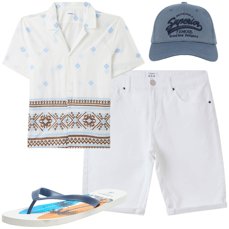 Outfit uomo - Al mare. Stile Casual per Tutti i giorni. Abbinamento con sandali, camicie a manica corta, cappelli con visiera, bermuda.