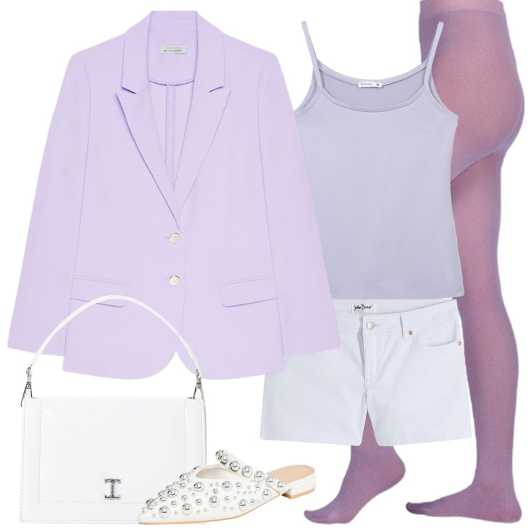 Outfit donna - Pink chic. Stile Casual chic per Serata fuori. Abbinamento con shorts, ballerine, magliette intime, borse a tracolla, collant, blazer.