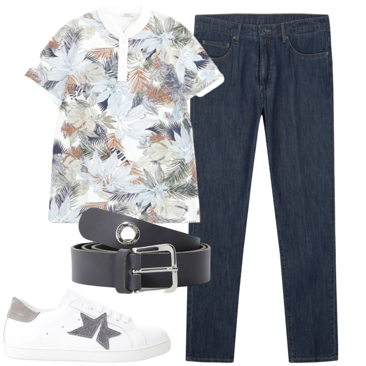 Outfit uomo - Agosto. Stile Casual per Tutti i giorni. Abbinamento con cinture, sneakers, polo, jeans.