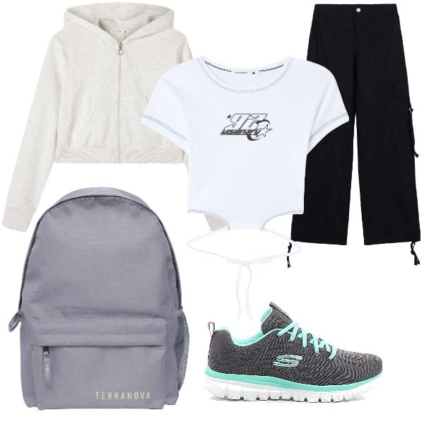 Outfit donna - Terranova - Back To School. Stile Casual chic per Scuola/Università. Abbinamento con felpe con cappuccio, t-shirt, zaini, pantaloni cargo, sneakers.