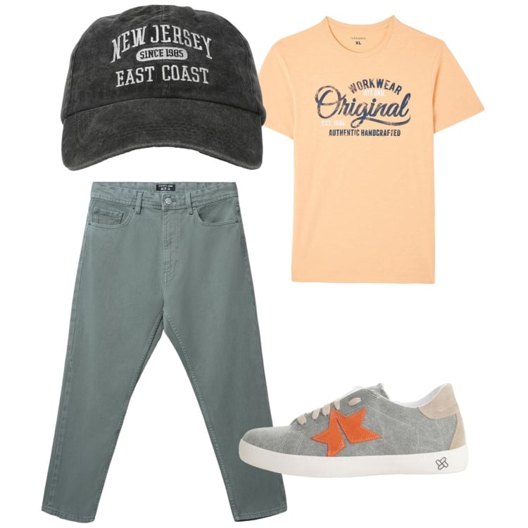Outfit uomo - Agosto. Stile Casual per Tutti i giorni. Abbinamento con t-shirt, cappelli con visiera, jeans, sneakers.