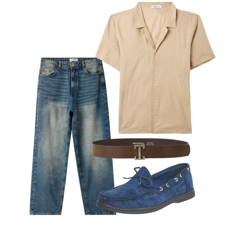 Outfit uomo - Chi ha una vita. Stile Casual per Tutti i giorni. Abbinamento con scarpe stringate, camicie a manica corta, jeans, cinture.