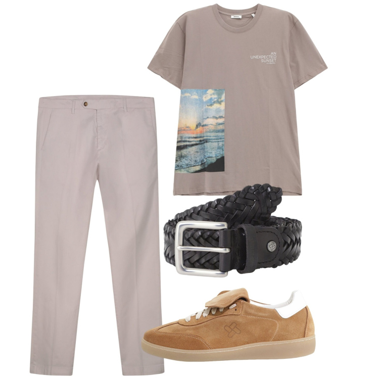 Outfit uomo - Chi ha una vita. Stile Casual per Tutti i giorni. Abbinamento con sneakers, cinture, t-shirt, pantaloni chino.