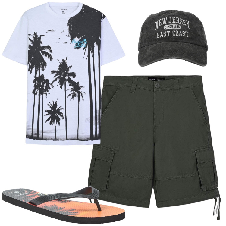 Outfit uomo - Total look #2233742. Stile Casual per Tutti i giorni. Abbinamento con sandali, bermuda, t-shirt, cappelli con visiera.