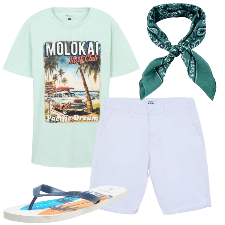 Outfit uomo - Total look #2233744. Stile Casual per Tutti i giorni. Abbinamento con sandali, t-shirt, bermuda, sciarpe e foulard.