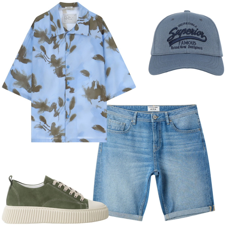 Outfit uomo - Total look #2233749. Stile Trendy per Serata speciale. Abbinamento con cappelli con visiera, bermuda, sneakers, camicie a manica corta.