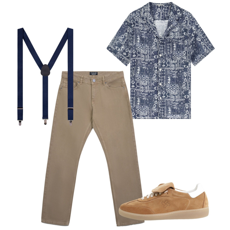 Outfit uomo - Agosto. Stile Casual per Tutti i giorni. Abbinamento con jeans, sneakers, camicie a manica corta, bretelle.
