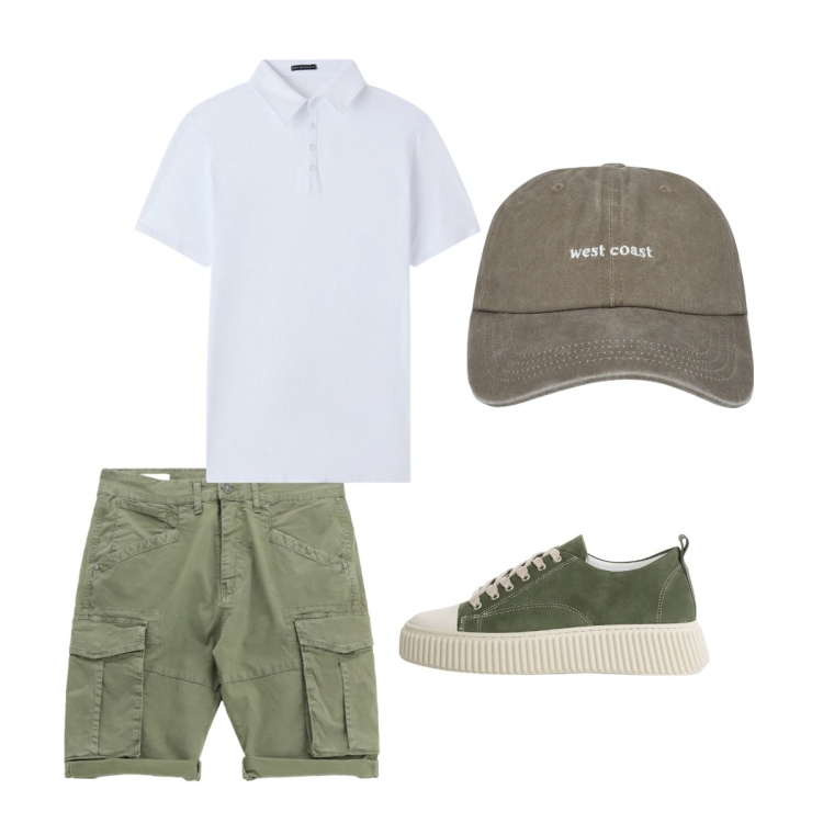 Outfit uomo - Agosto. Stile Casual per Tutti i giorni. Abbinamento con cappelli, polo, sneakers, bermuda.