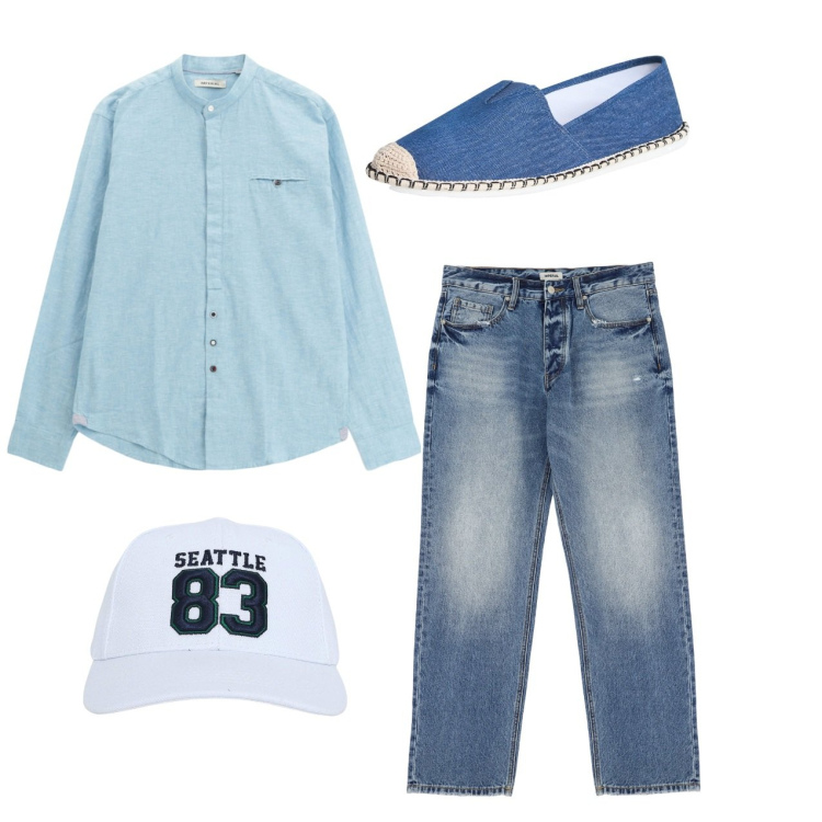 Outfit uomo - Total look. Stile Casual per Tutti i giorni. Abbinamento con espadrillas, cappelli, jeans, camicie.