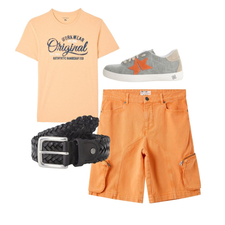 Outfit uomo - Total look city. Stile Casual per Tutti i giorni. Abbinamento con t-shirt, pantaloni corti, cinture, sneakers.