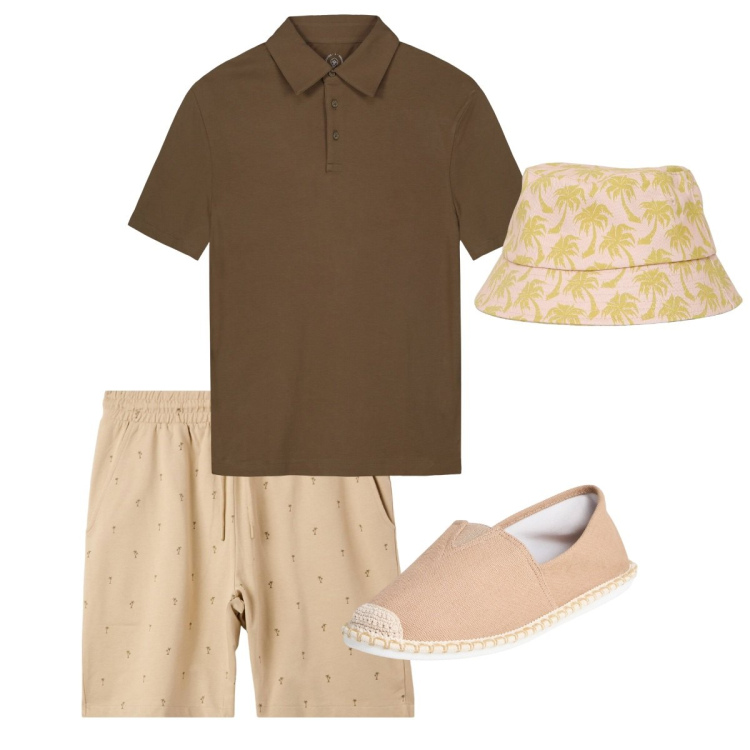 Outfit uomo - Agosto. Stile Casual per Tutti i giorni. Abbinamento con espadrillas, cappelli con visiera, bermuda, polo.