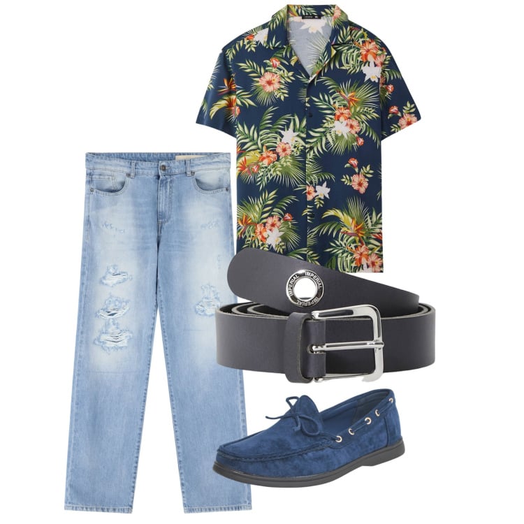 Outfit uomo - Chi ha una vita ad agosto. Stile Casual per Tutti i giorni. Abbinamento con scarpe stringate, camicie a manica corta, cinture, jeans strappati.