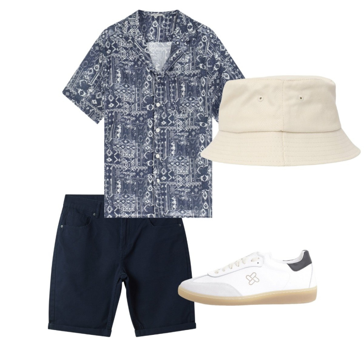 Outfit uomo - Agosto. Stile Casual per Tutti i giorni. Abbinamento con cappelli, bermuda, sneakers, camicie a manica corta.