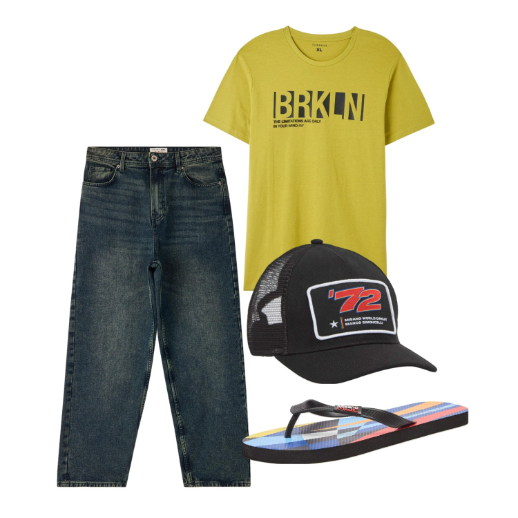 Outfit uomo - Agosto di chi ha una vita. Stile Casual per Tutti i giorni. Abbinamento con cappelli, t-shirt, sandali, jeans.