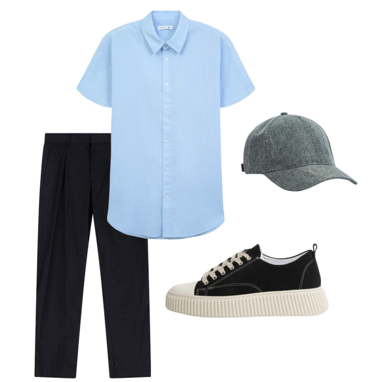 Outfit uomo - Agosto. Stile Casual per Tutti i giorni. Abbinamento con cappelli, camicie a manica corta, sneakers, pantaloni.