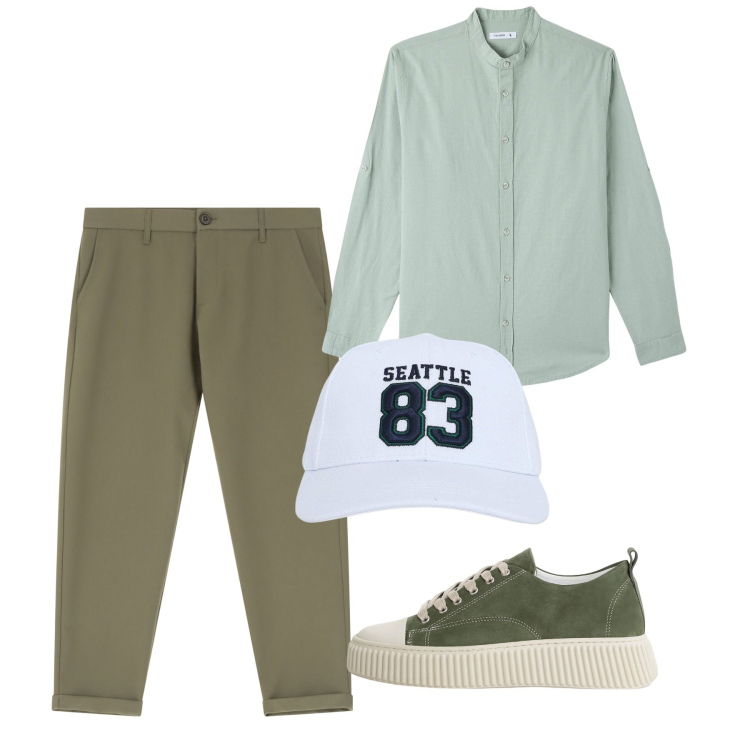 Outfit uomo - Agosto. Stile Casual per Tutti i giorni. Abbinamento con camicie, cappelli, pantaloni chino, sneakers.