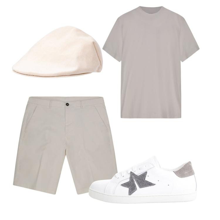 Outfit uomo - Agosto. Stile Casual per Tutti i giorni. Abbinamento con sneakers, cappelli e berretti, bermuda, t-shirt.