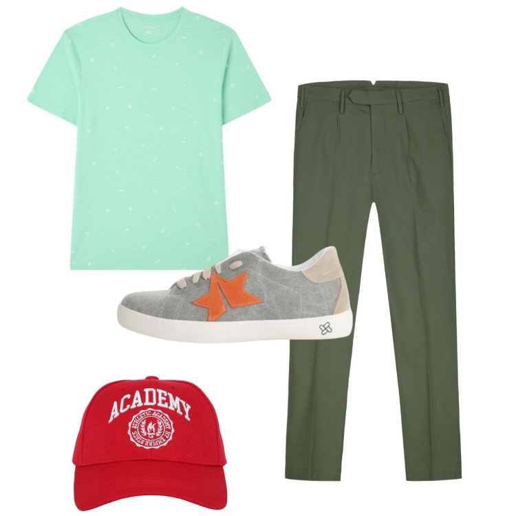 Outfit uomo - Total look city. Stile Casual per Tutti i giorni. Abbinamento con t-shirt, cappelli, sneakers, pantaloni.
