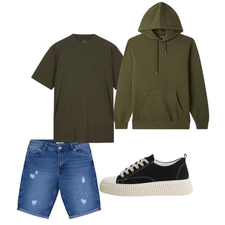Outfit uomo - Agosto. Stile Casual per Tutti i giorni. Abbinamento con bermuda, felpe con cappuccio, sneakers, t-shirt.