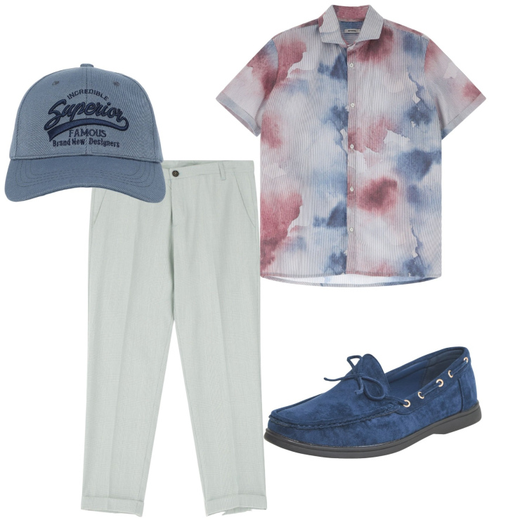 Outfit uomo - Agosto. Stile Casual per Tutti i giorni. Abbinamento con scarpe stringate, cappelli con visiera, pantaloni, camicie a manica corta.