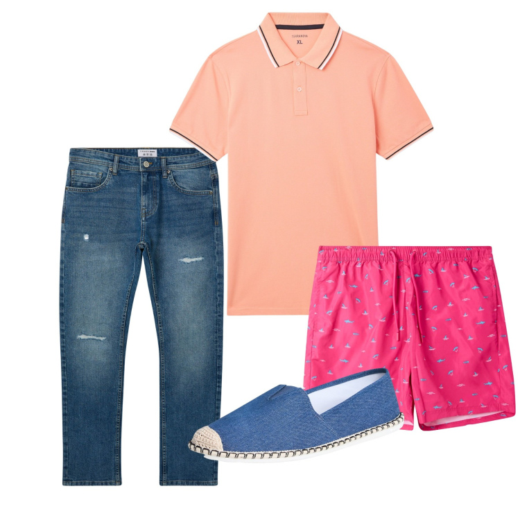 Outfit uomo - Agosto. Stile Casual per Tutti i giorni. Abbinamento con espadrillas, polo, costumi, jeans strappati.
