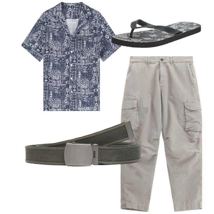 Outfit uomo - Total look city. Stile Urban per Tutti i giorni. Abbinamento con sandali, cinture, pantaloni cargo, camicie a manica corta.