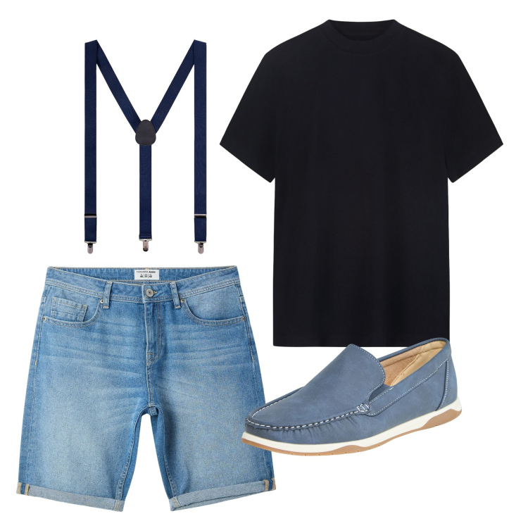 Outfit uomo - Agosto. Stile Casual per Tutti i giorni. Abbinamento con scarpe stringate, bermuda, bretelle, t-shirt.