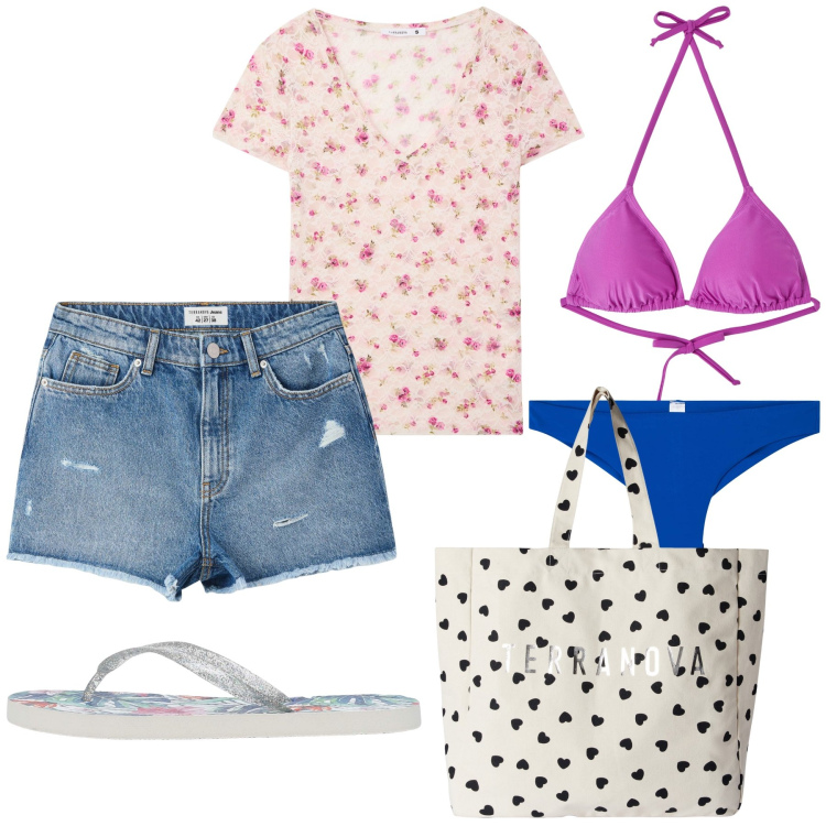 Outfit donna - Spiaggia Terranova. Stile Basic per Mare. Abbinamento con t-shirt, bikini, shorts, bikini, infradito, borse tote.