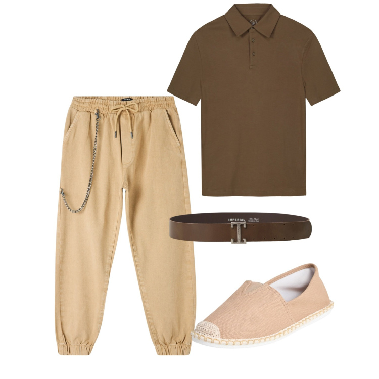 Outfit uomo - Agosto. Stile Casual per Tutti i giorni. Abbinamento con pantaloni sportivi, espadrillas, cinture, polo.