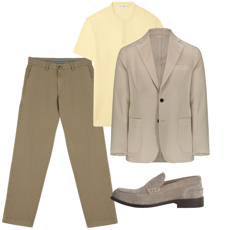 Outfit uomo - Agosto. Stile Casual per Tutti i giorni. Abbinamento con t-shirt, pantaloni chino, scarpe stringate, giacche.